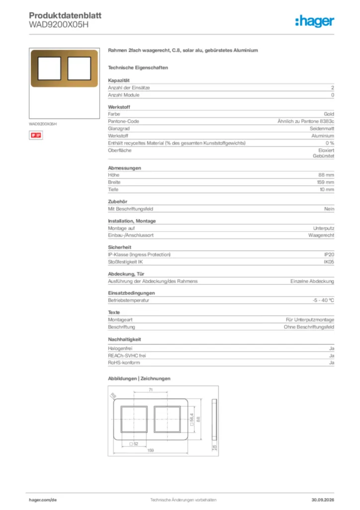 Bild Hager Produktdatenblatt WAD9200X05H | Hager Deutschland