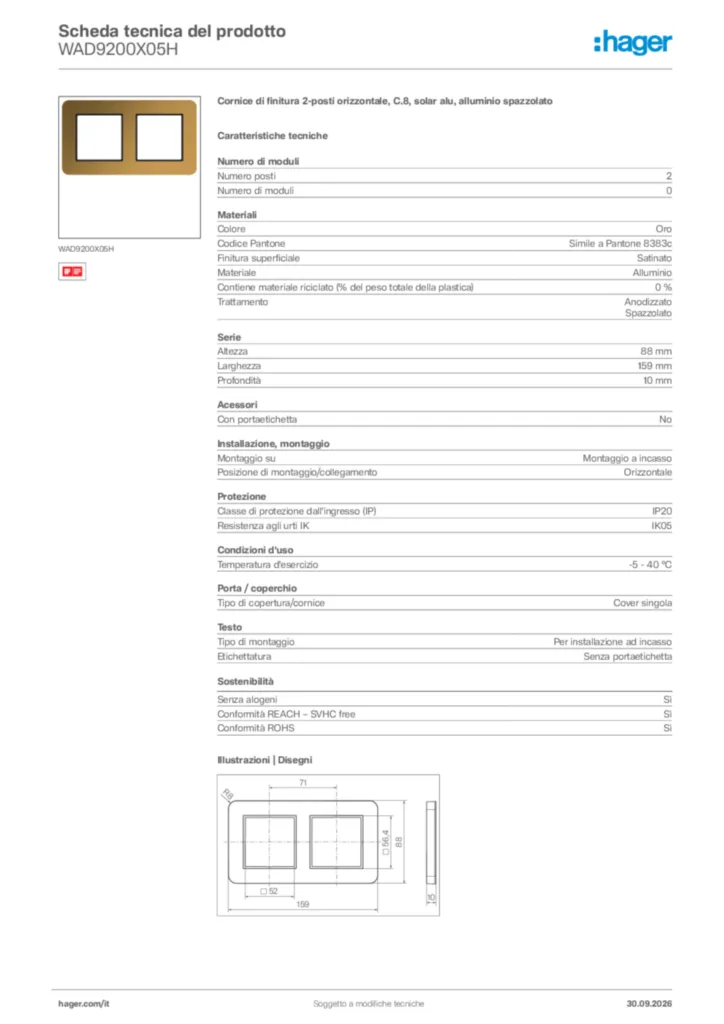 Immagine Hager Scheda tecnica del prodotto WAD9200X05H | Hager Italia