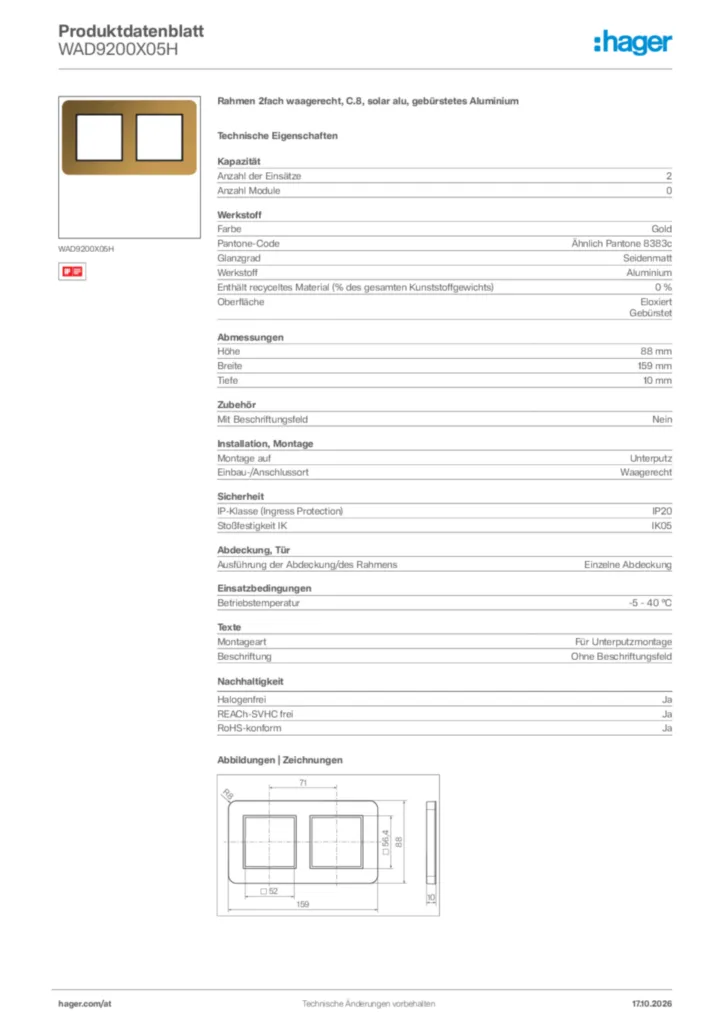 Bild Hager Produktdatenblatt WAD9200X05H | Hager Deutschland