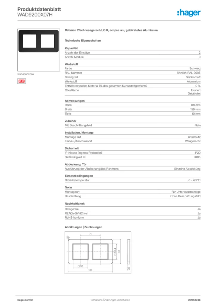 Bild Hager Produktdatenblatt WAD9200X07H | Hager Deutschland