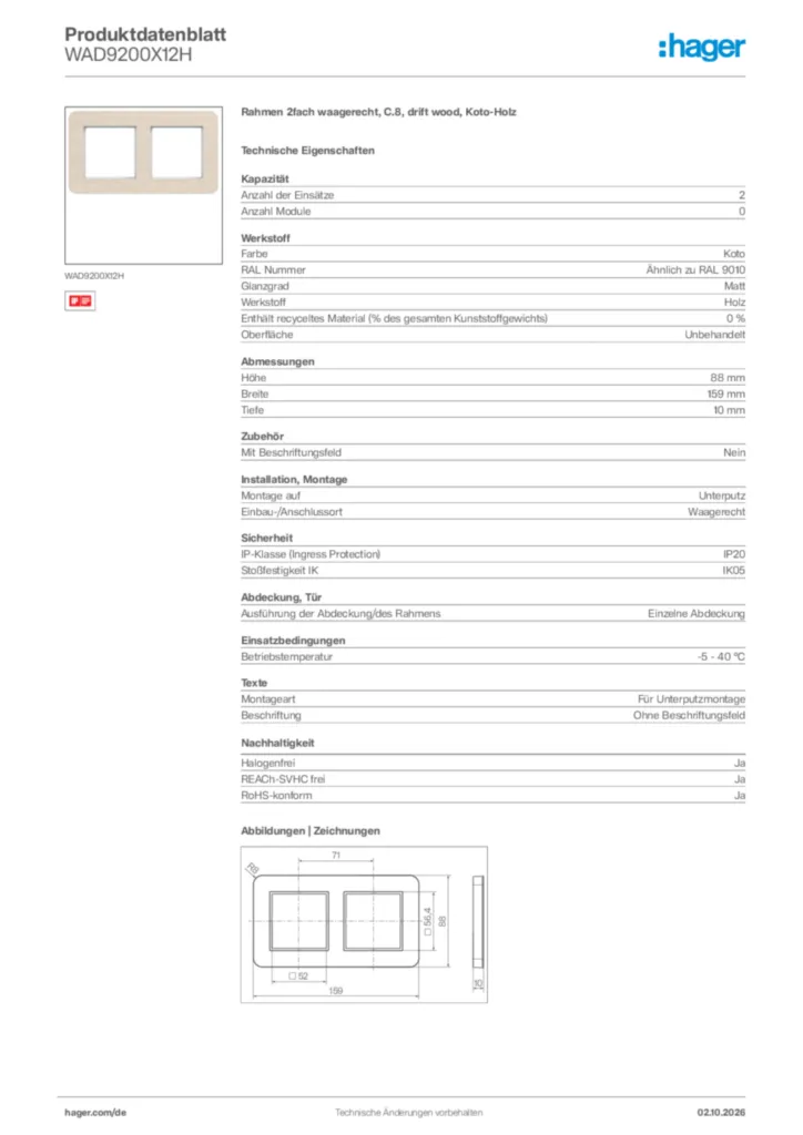 Bild Hager Produktdatenblatt WAD9200X12H | Hager Deutschland