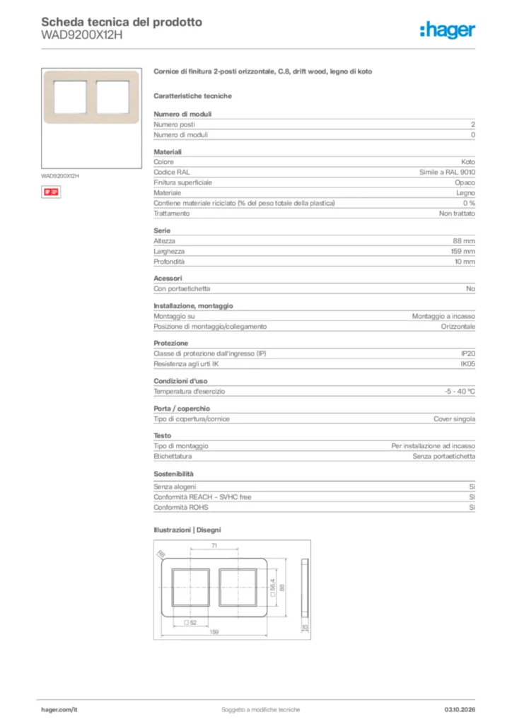 Immagine Hager Scheda tecnica del prodotto WAD9200X12H | Hager Italia