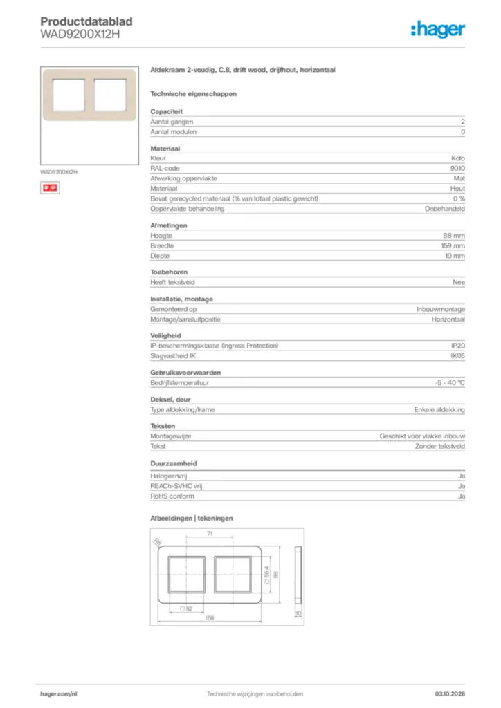 Afbeelding Hager Productdatablad WAD9200X12H | Hager Nederland