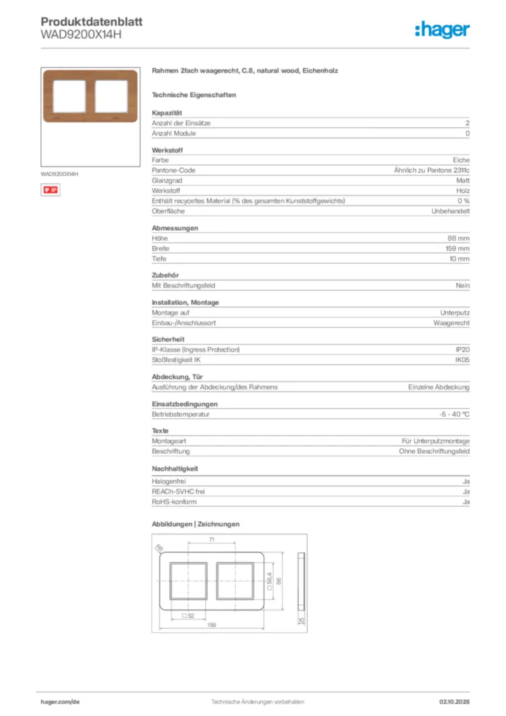 Bild Hager Produktdatenblatt WAD9200X14H | Hager Deutschland