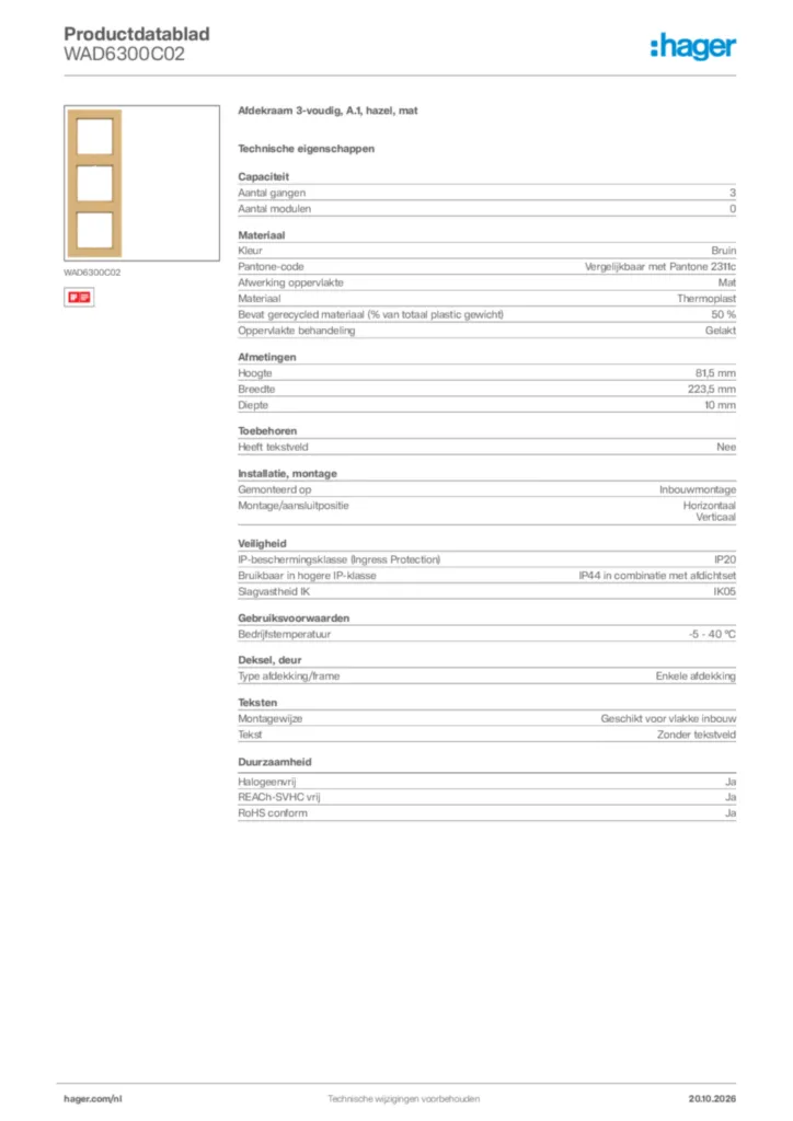 Afbeelding Hager Productdatablad WAD6300C02 | Hager Nederland