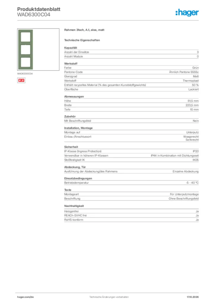 Bild Hager Produktdatenblatt WAD6300C04 | Hager Deutschland