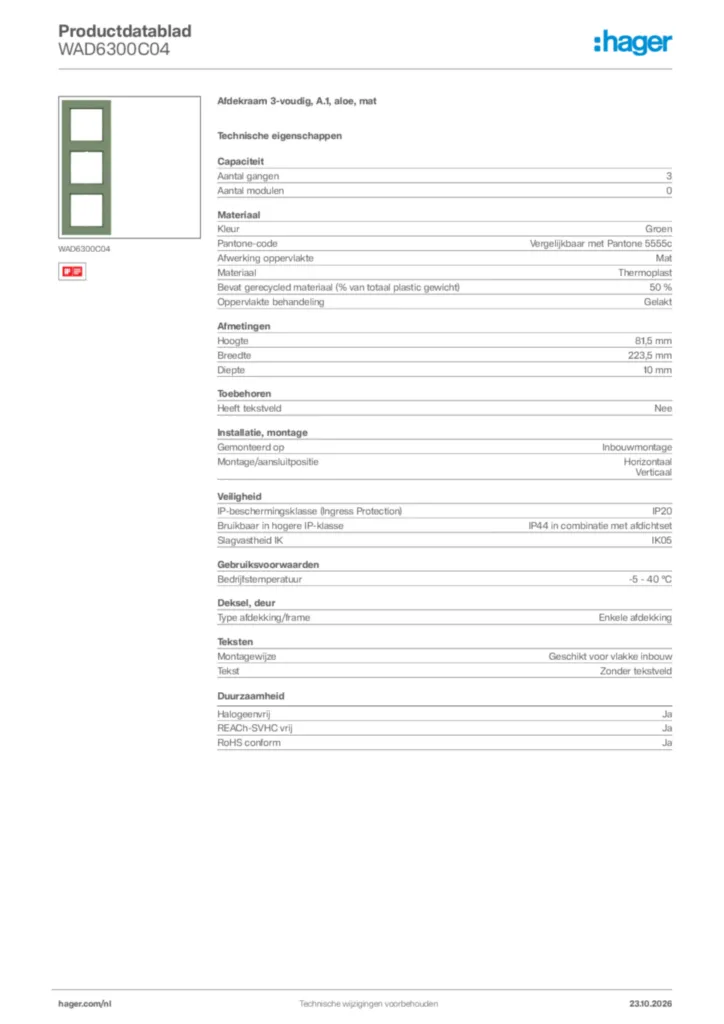 Afbeelding Hager Productdatablad WAD6300C04 | Hager Nederland