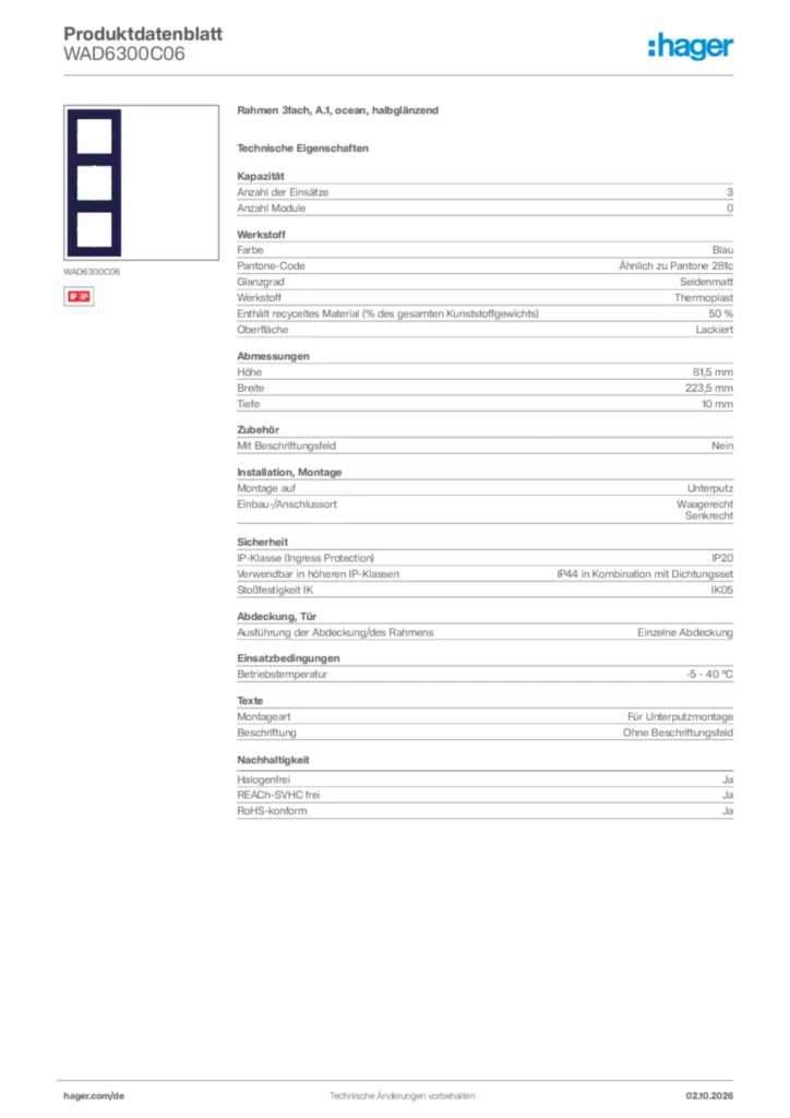 Bild Hager Produktdatenblatt WAD6300C06 | Hager Deutschland