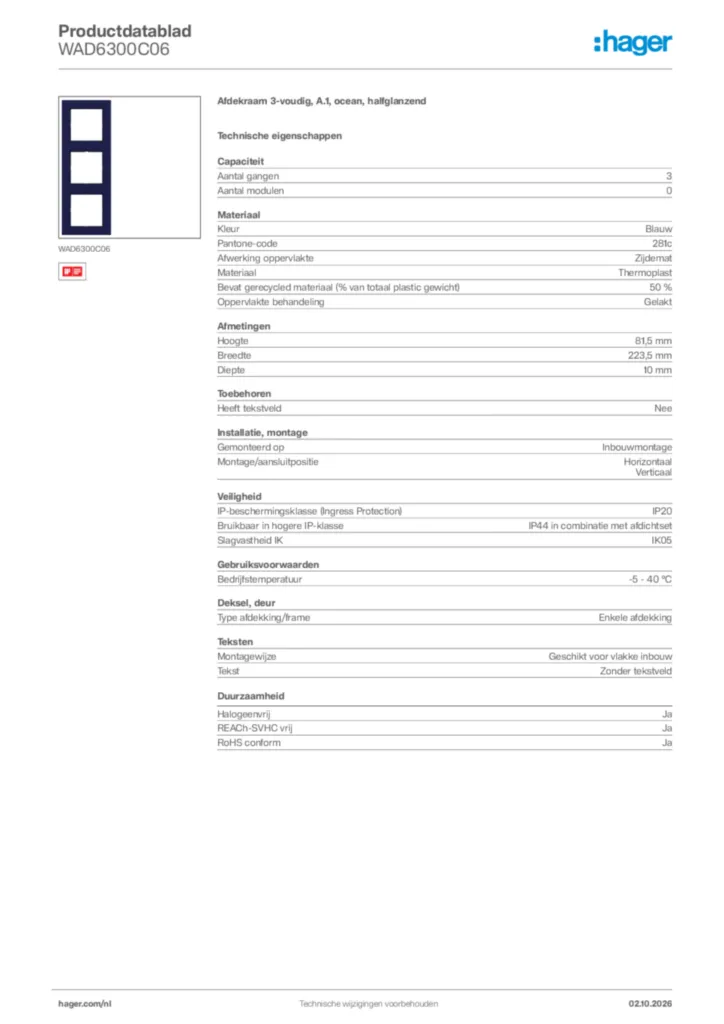 Afbeelding Hager Productdatablad WAD6300C06 | Hager Nederland