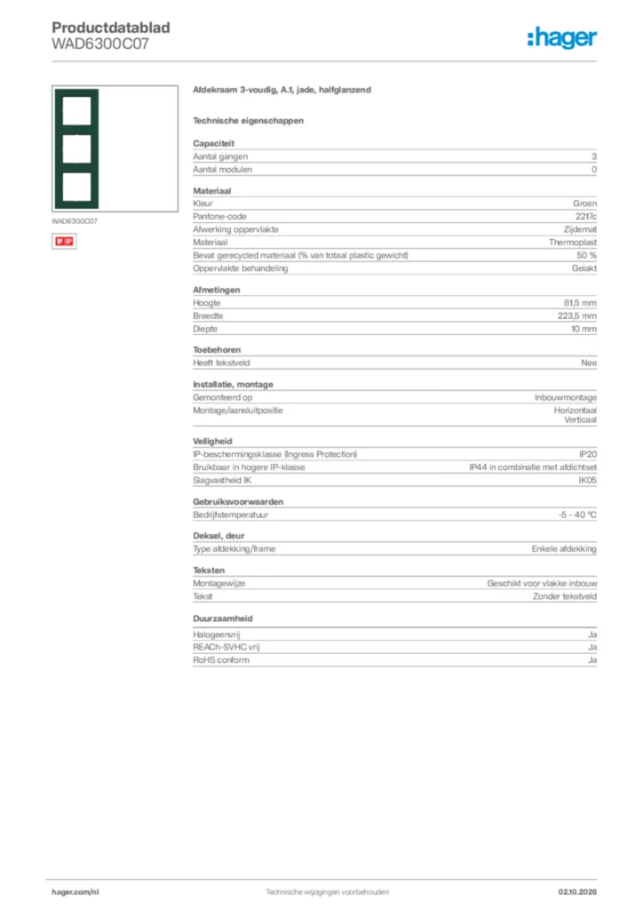 Afbeelding Hager Productdatablad WAD6300C07 | Hager Nederland