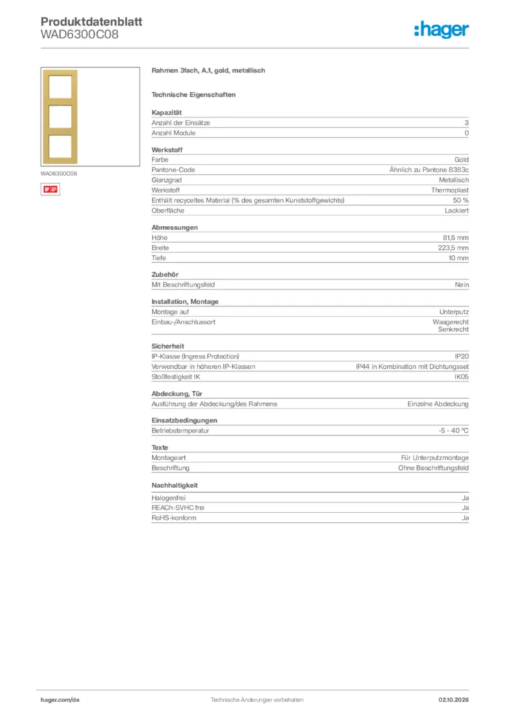 Bild Hager Produktdatenblatt WAD6300C08 | Hager Deutschland