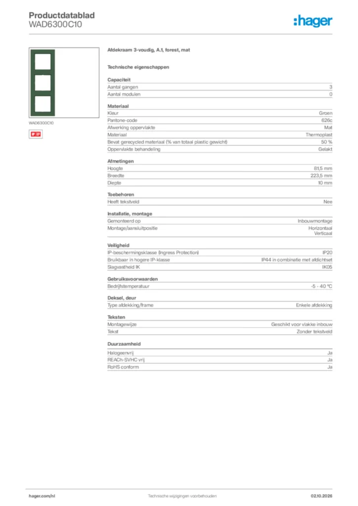Afbeelding Hager Productdatablad WAD6300C10 | Hager Nederland