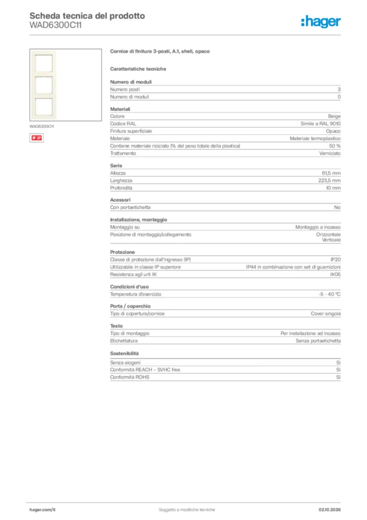 Immagine Hager Scheda tecnica del prodotto WAD6300C11 | Hager Italia