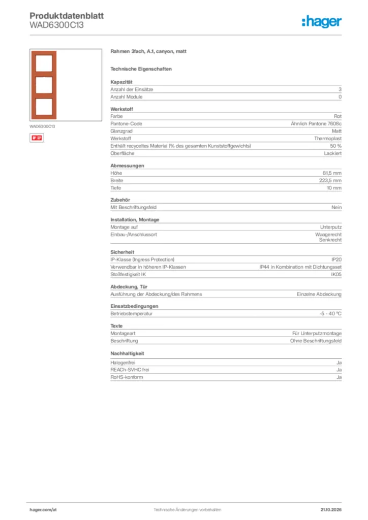 Bild Hager Produktdatenblatt WAD6300C13 | Hager Deutschland