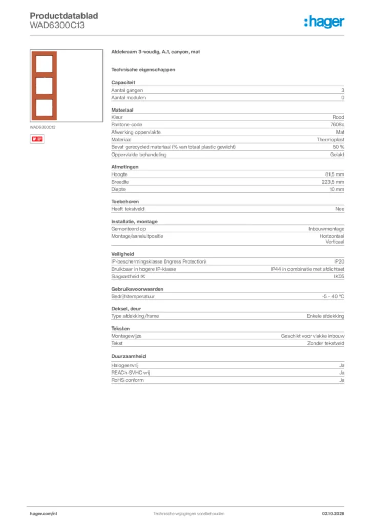 Afbeelding Hager Productdatablad WAD6300C13 | Hager Nederland