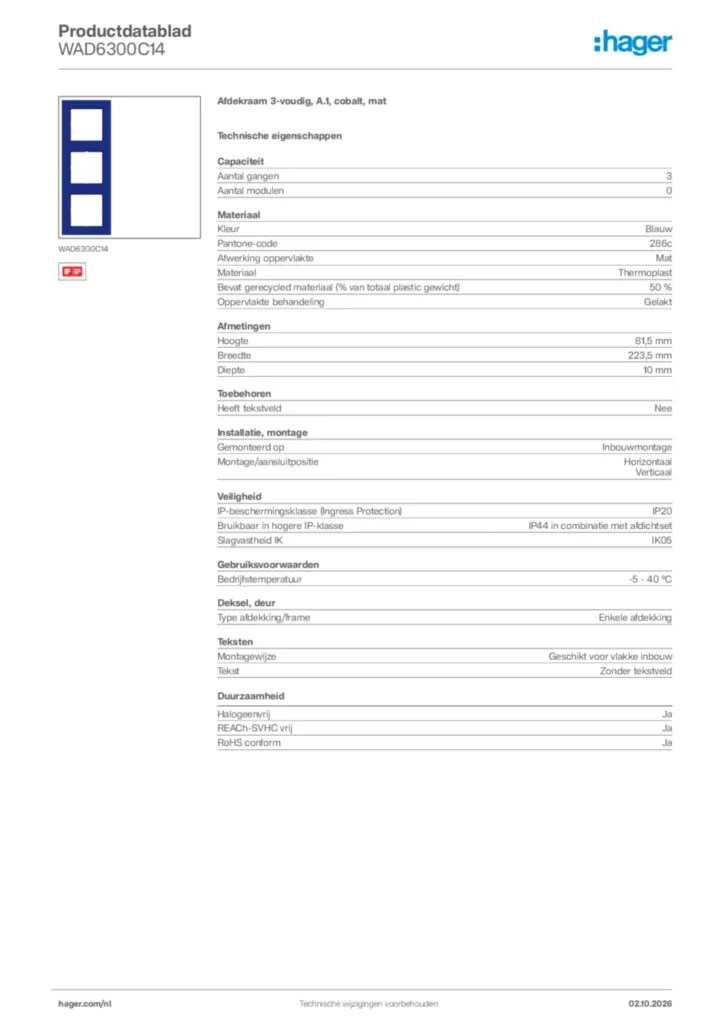 Afbeelding Hager Productdatablad WAD6300C14 | Hager Nederland