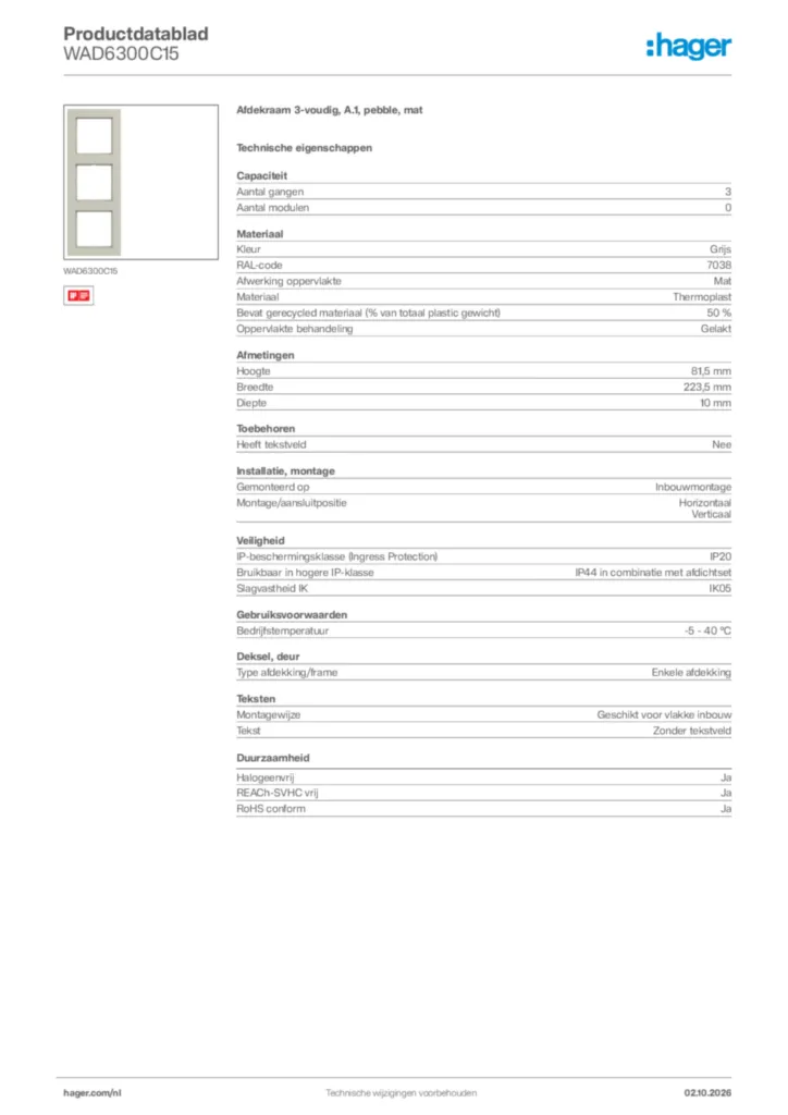 Afbeelding Hager Productdatablad WAD6300C15 | Hager Nederland