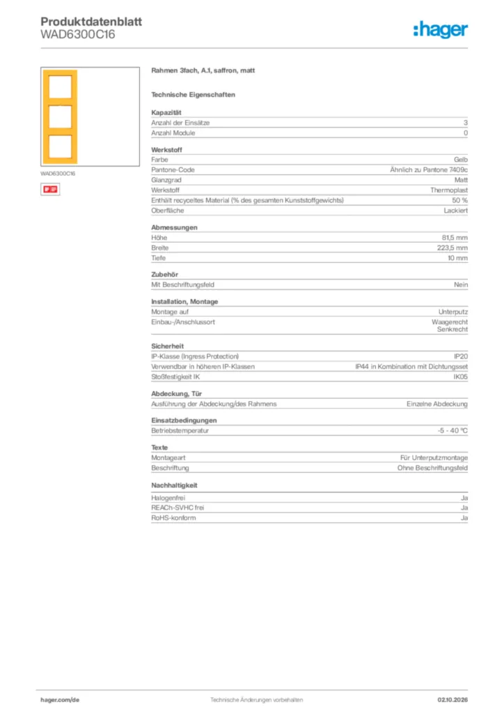 Bild Hager Produktdatenblatt WAD6300C16 | Hager Deutschland