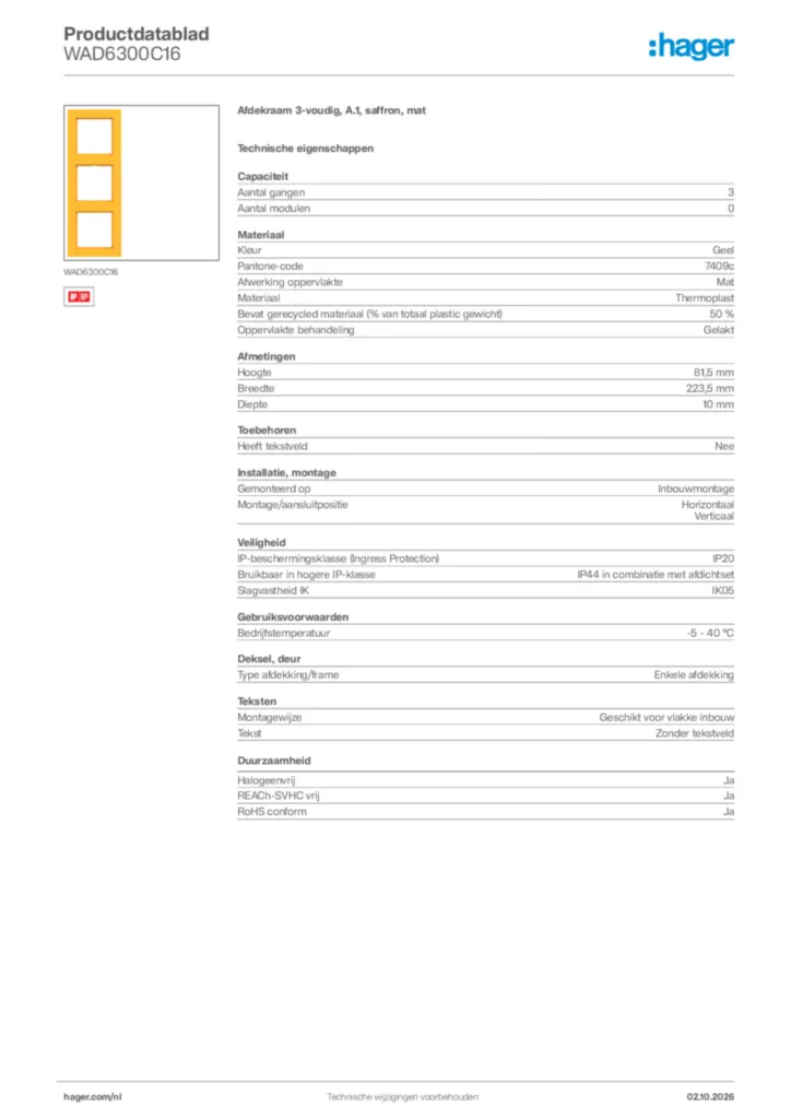 Afbeelding Hager Productdatablad WAD6300C16 | Hager Nederland
