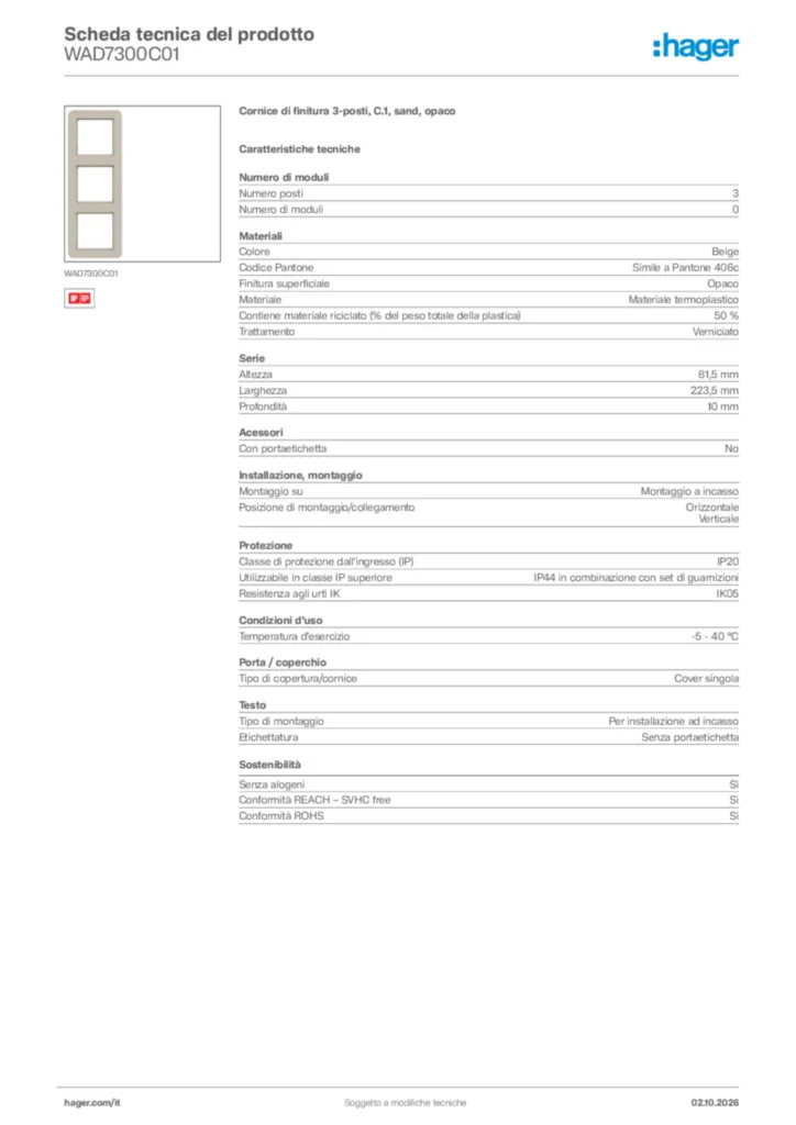 Immagine Hager Scheda tecnica del prodotto WAD7300C01 | Hager Italia