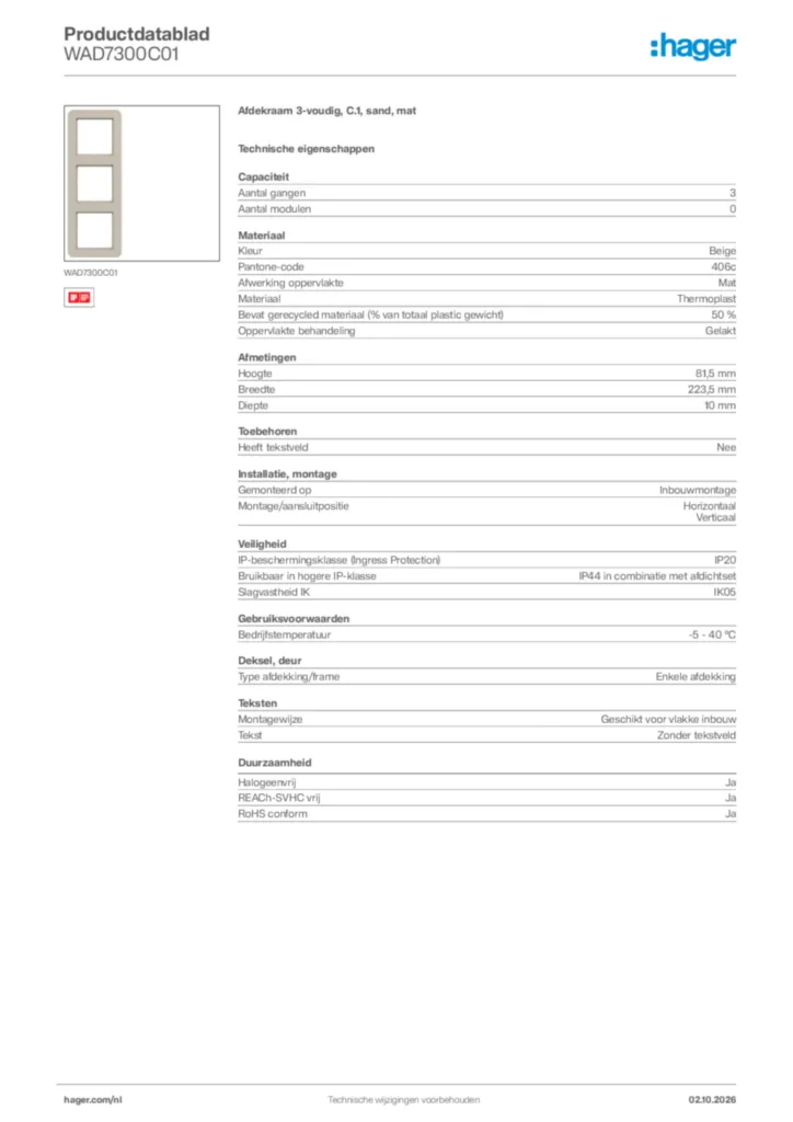 Afbeelding Hager Productdatablad WAD7300C01 | Hager Nederland