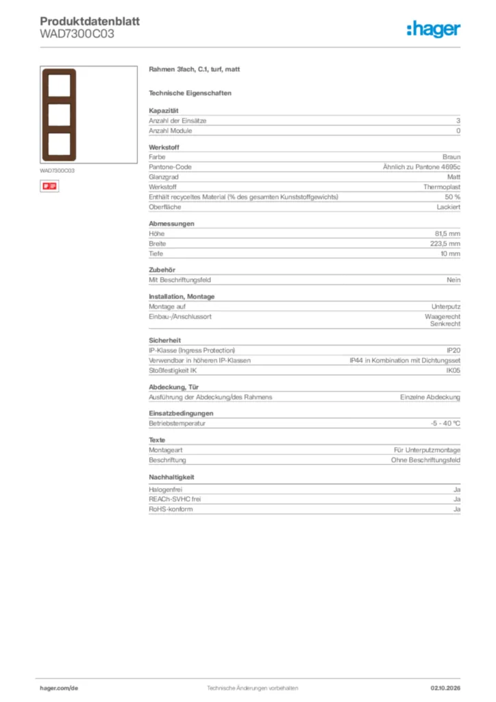Bild Hager Produktdatenblatt WAD7300C03 | Hager Deutschland