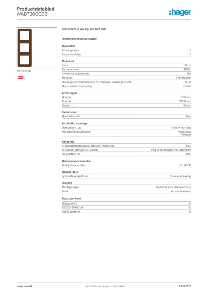Afbeelding Hager Productdatablad WAD7300C03 | Hager Nederland