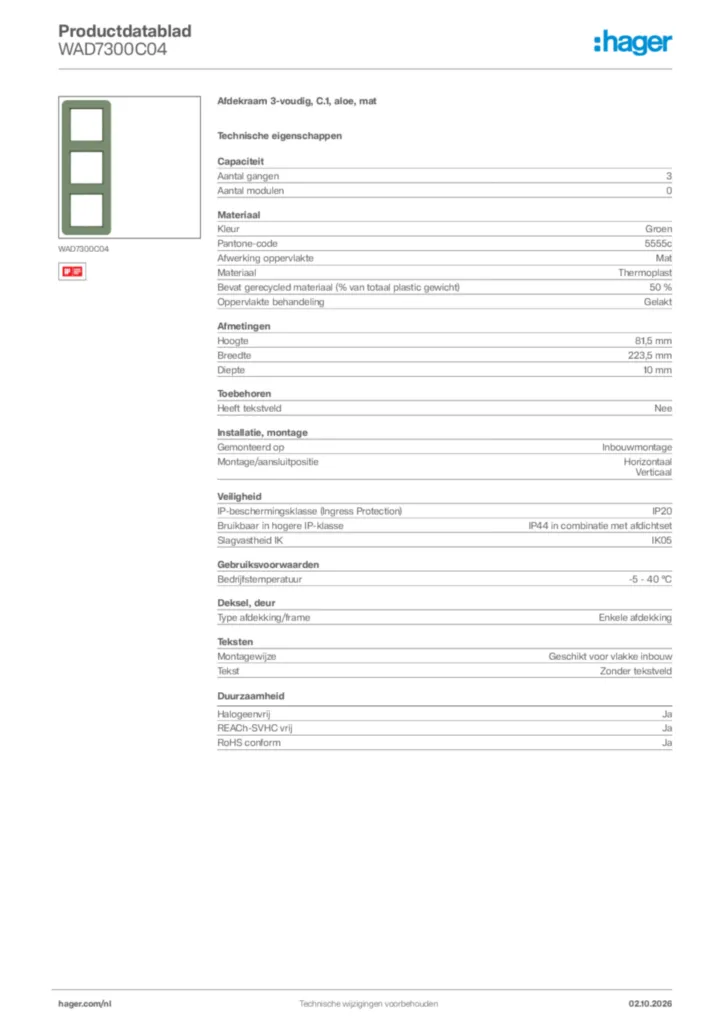 Afbeelding Hager Productdatablad WAD7300C04 | Hager Nederland