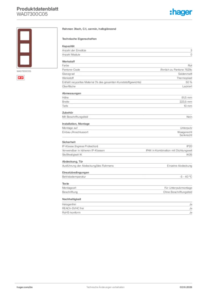 Bild Hager Produktdatenblatt WAD7300C05 | Hager Deutschland