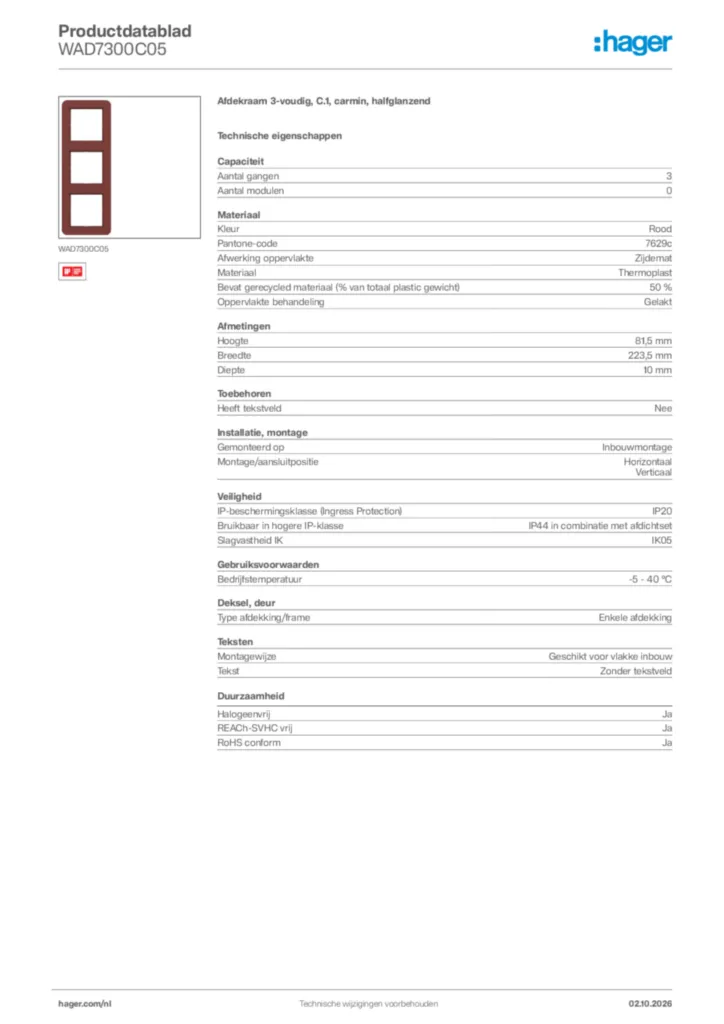 Afbeelding Hager Productdatablad WAD7300C05 | Hager Nederland