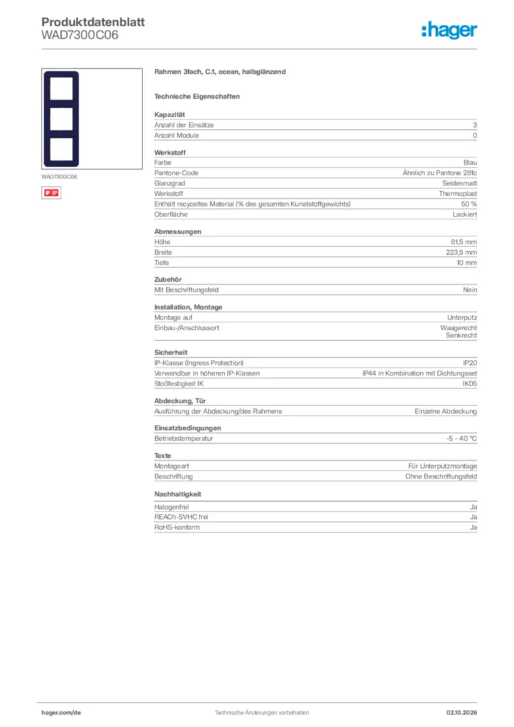 Bild Hager Produktdatenblatt WAD7300C06 | Hager Deutschland