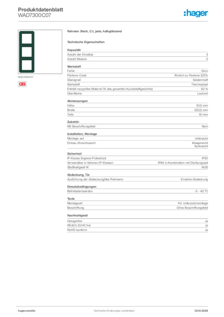 Bild Hager Produktdatenblatt WAD7300C07 | Hager Deutschland