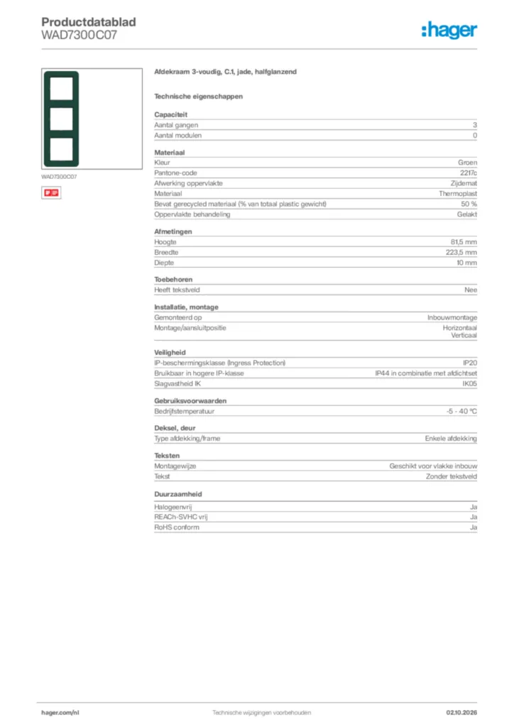 Afbeelding Hager Productdatablad WAD7300C07 | Hager Nederland
