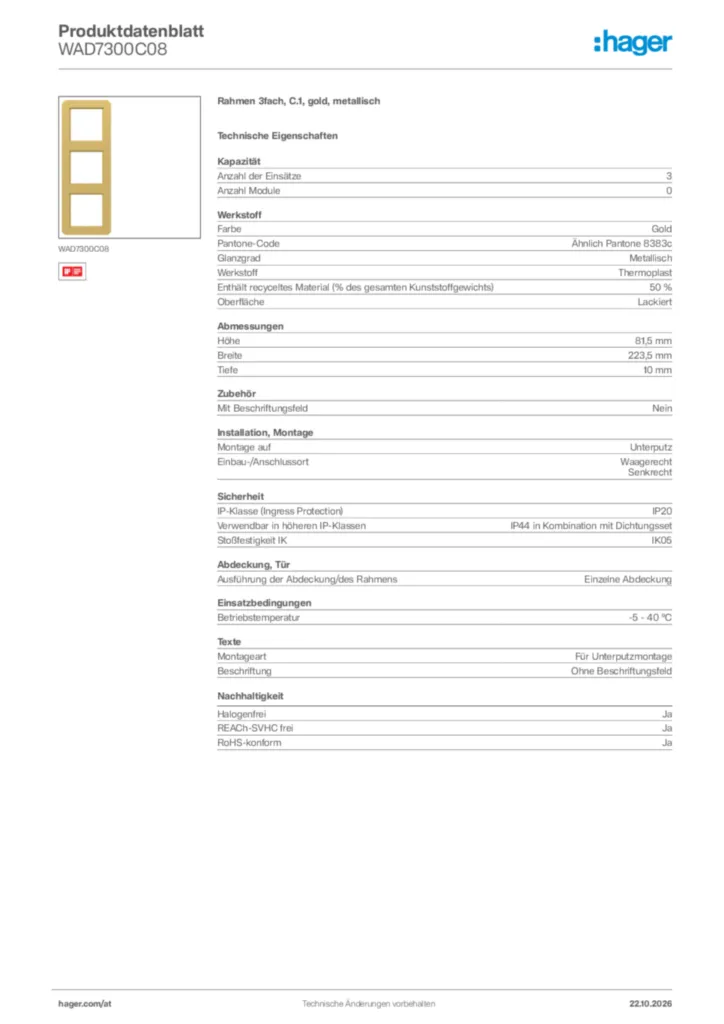 Bild Hager Produktdatenblatt WAD7300C08 | Hager Deutschland
