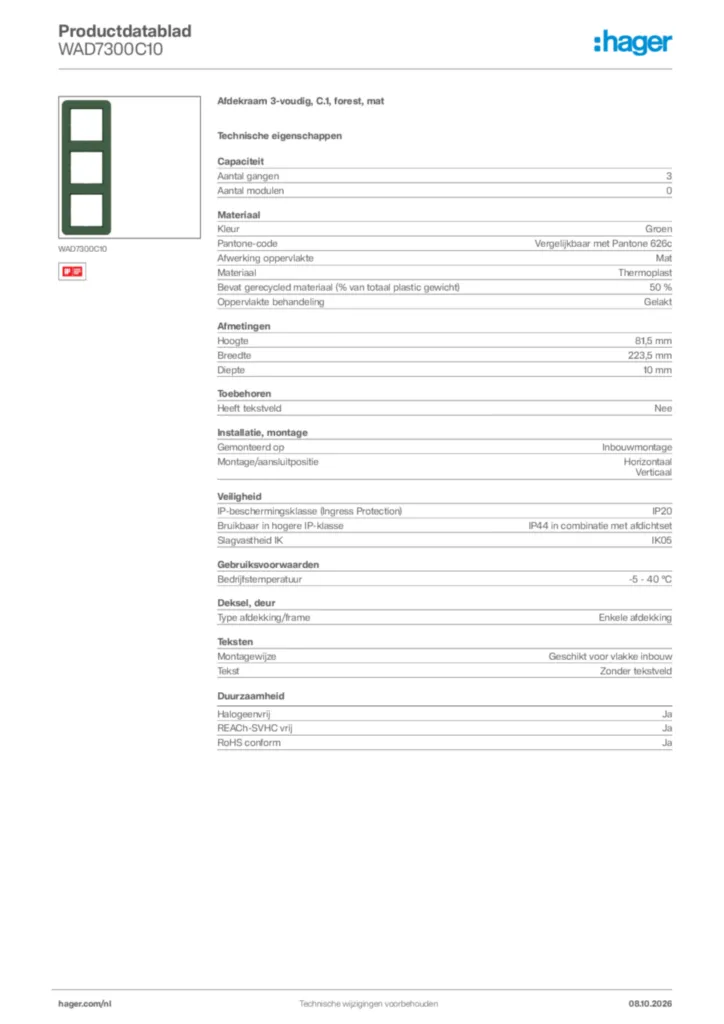 Afbeelding Hager Productdatablad WAD7300C10 | Hager Nederland