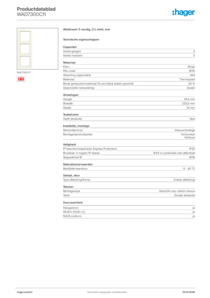 Afbeelding Hager Productdatablad WAD7300C11 | Hager Nederland
