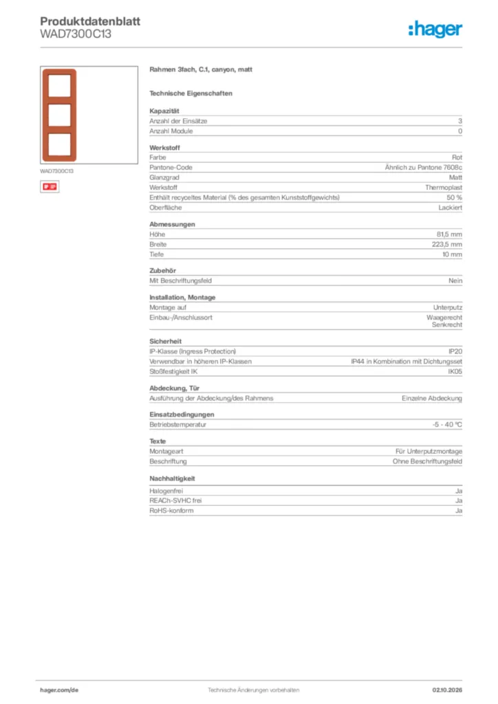 Bild Hager Produktdatenblatt WAD7300C13 | Hager Deutschland