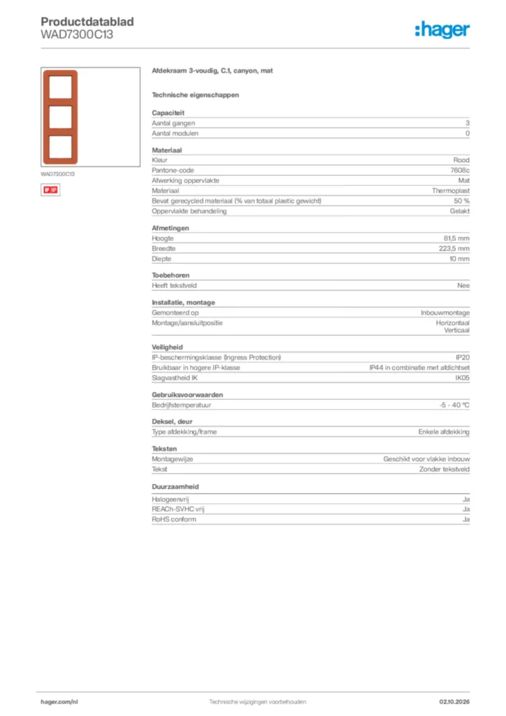 Afbeelding Hager Productdatablad WAD7300C13 | Hager Nederland