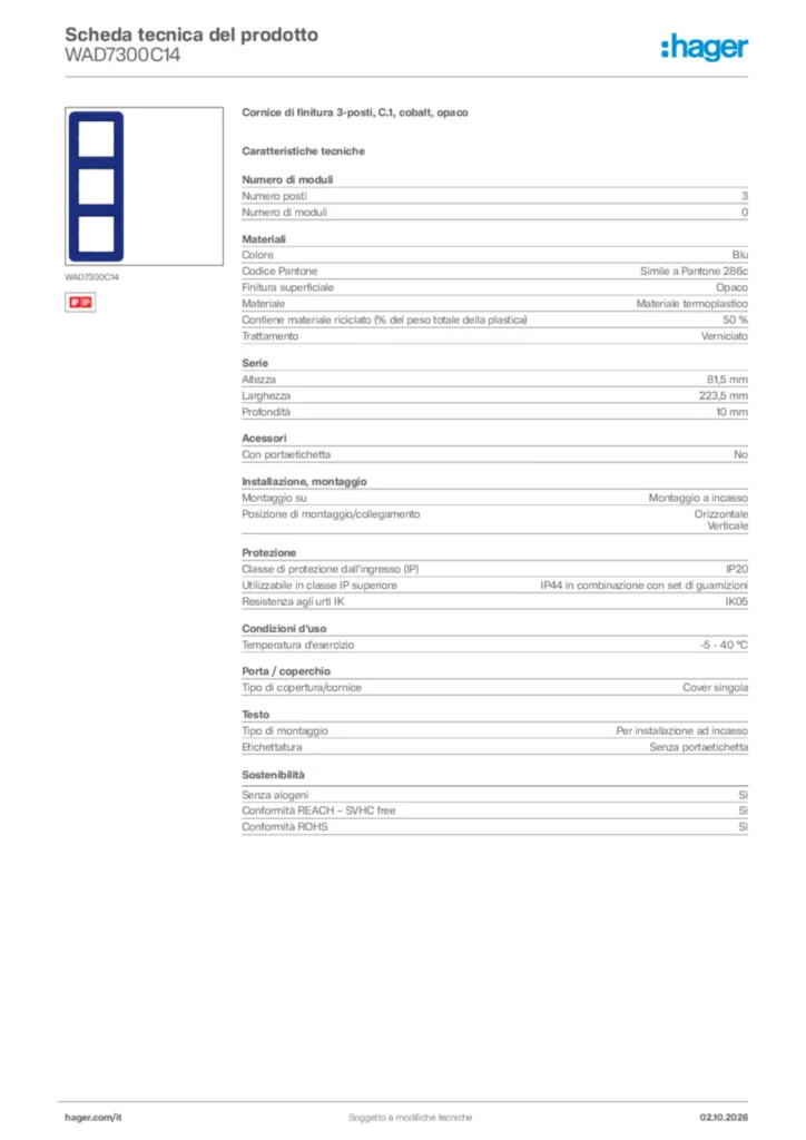 Immagine Hager Scheda tecnica del prodotto WAD7300C14 | Hager Italia