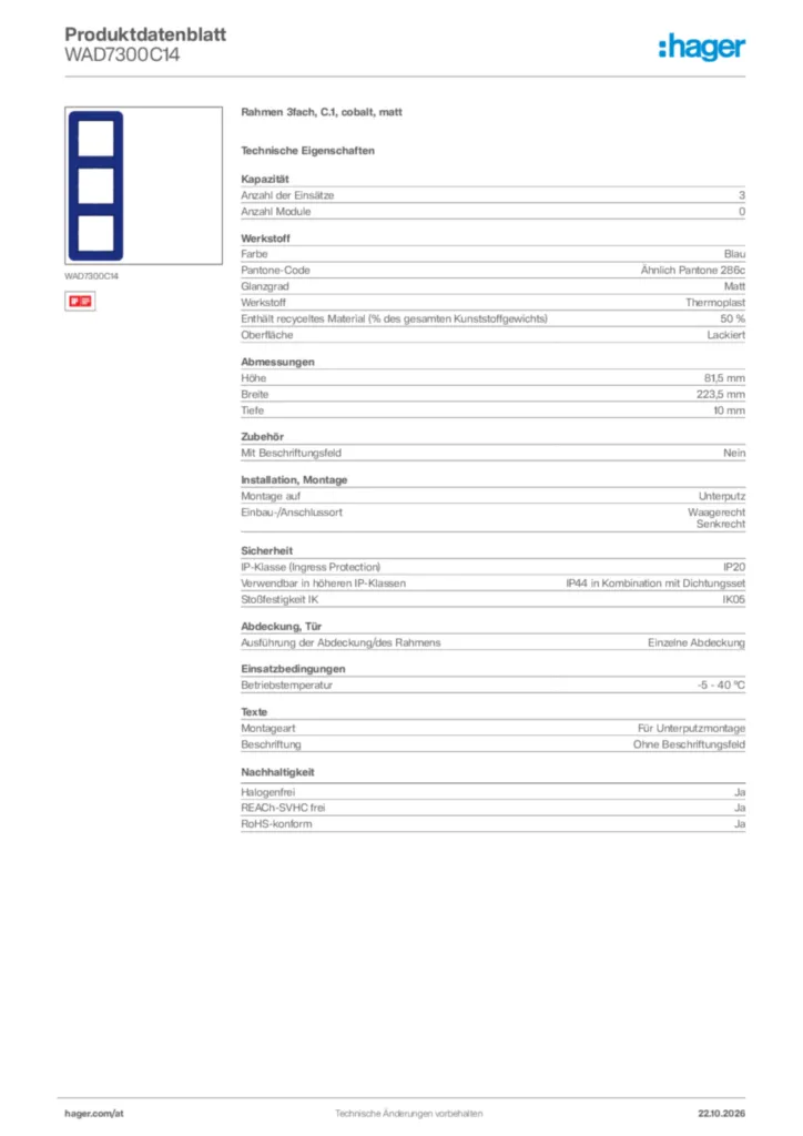 Bild Hager Produktdatenblatt WAD7300C14 | Hager Deutschland