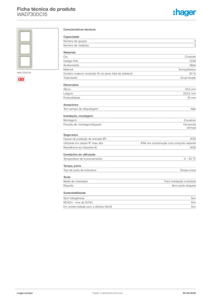 Imagem Hager Ficha técnica do produto WAD7300C15 | Hager Portugal