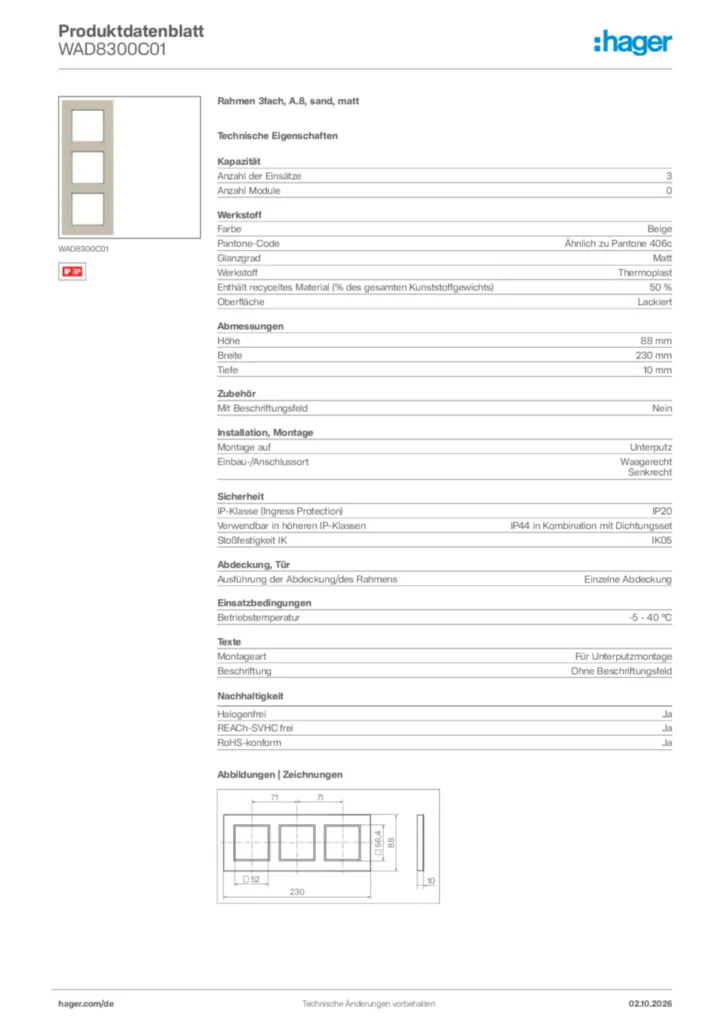 Bild Hager Produktdatenblatt WAD8300C01 | Hager Deutschland