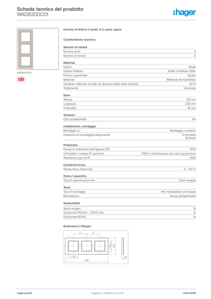 Immagine Hager Scheda tecnica del prodotto WAD8300C01 | Hager Italia