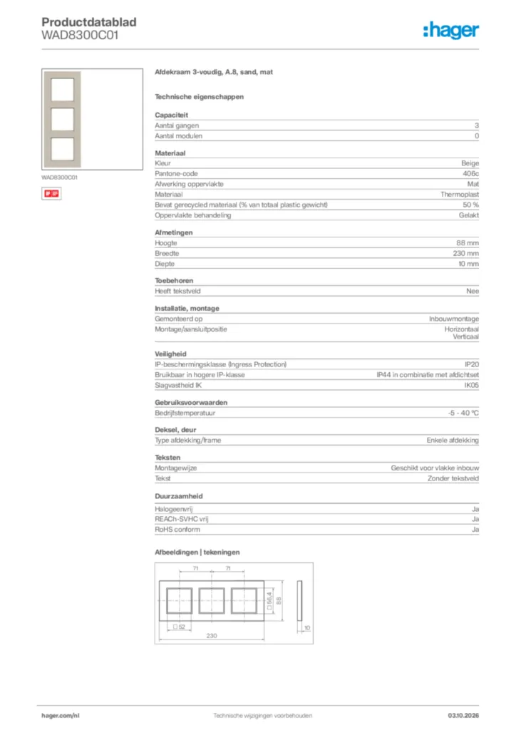 Afbeelding Hager Productdatablad WAD8300C01 | Hager Nederland