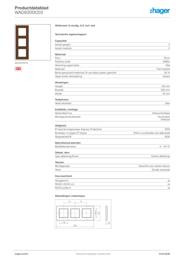 Afbeelding Hager Productdatablad WAD8300C03 | Hager Nederland