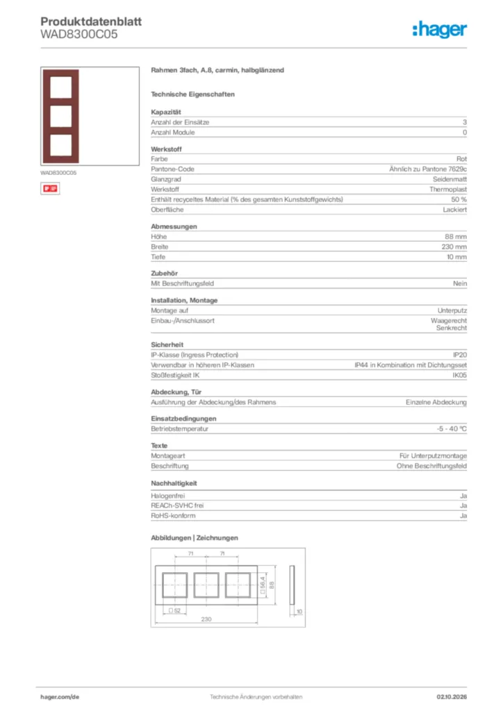 Bild Hager Produktdatenblatt WAD8300C05 | Hager Deutschland