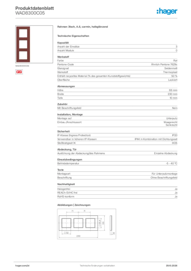 Bild Hager Produktdatenblatt WAD8300C05 | Hager Deutschland