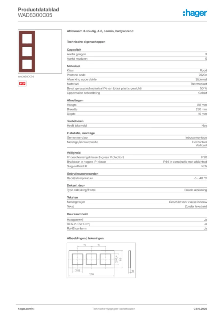 Afbeelding Hager Productdatablad WAD8300C05 | Hager Nederland