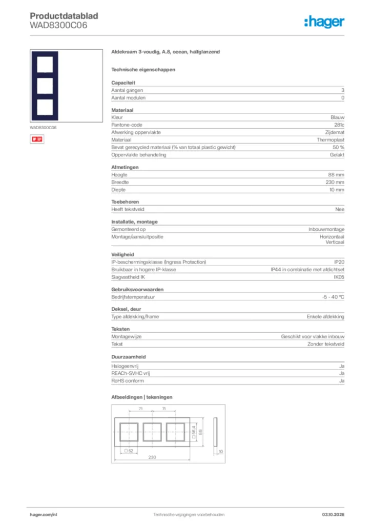 Afbeelding Hager Productdatablad WAD8300C06 | Hager Nederland