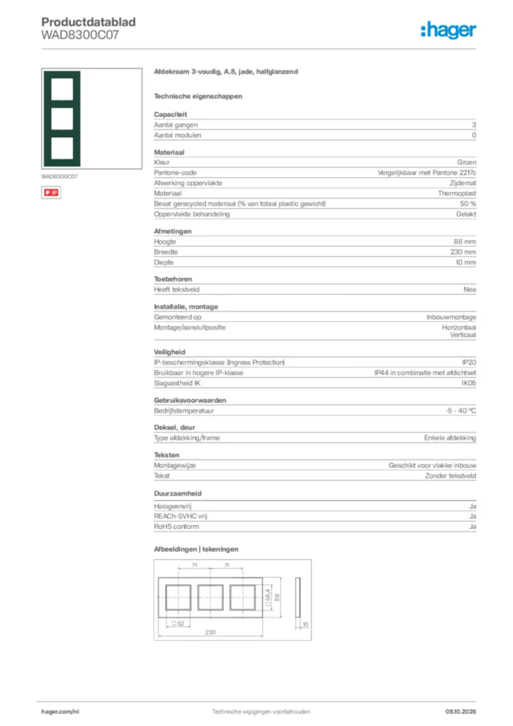 Afbeelding Hager Productdatablad WAD8300C07 | Hager Nederland